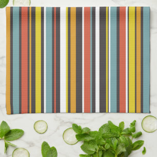 Linge De Cuisine Années 1970 Retro Orange Brown Aqua Yellow Stripes