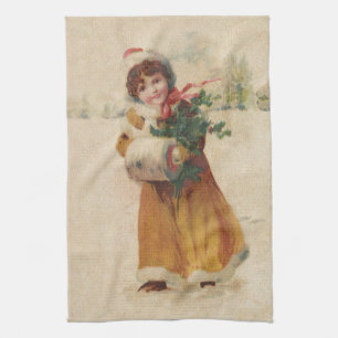 Linge De Cuisine Antique Fille de Noël Enfant d'hiver
