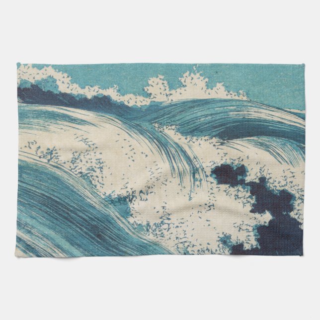 Linge De Cuisine Antique Japonais Bleu Vagues Océan Imprimer (Horizontal)