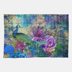 Linge De Cuisine Antique Peacock Illustré & Fleurs Grunge