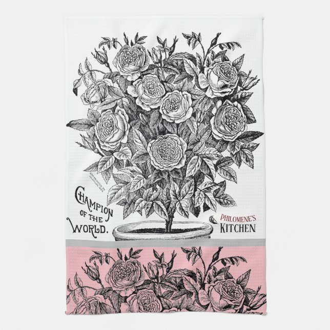 Linge De Cuisine Antique Rosebush - Votre choix de texte rose (Vertical)