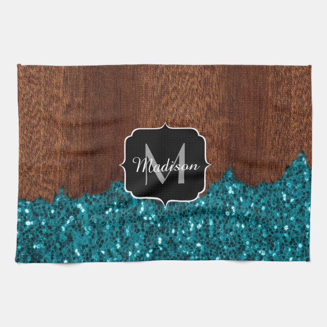 Linge De Cuisine Aqua bleu étincelle bois brun rustique Monogramme (Horizontal)
