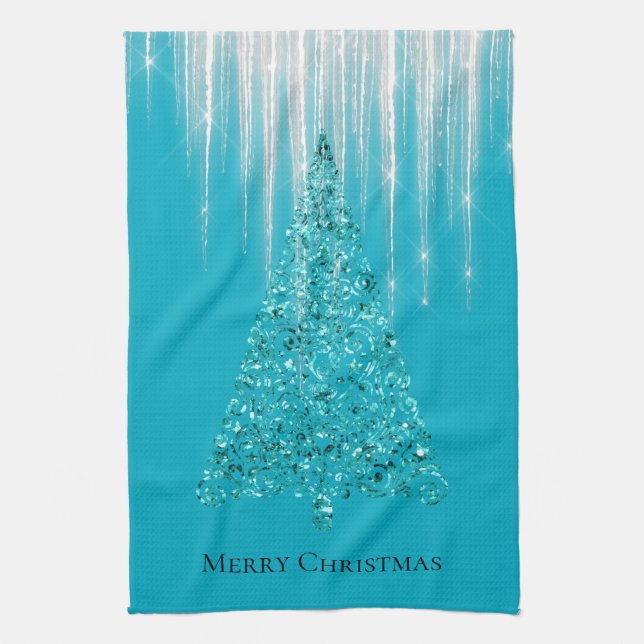 Linge De Cuisine Aqua Blue Icicles Sparkle Christmas Tree (Vertical)