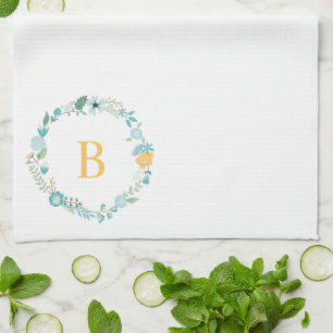 Linge De Cuisine Aqua et Yellow Monogramme Floral Wreath