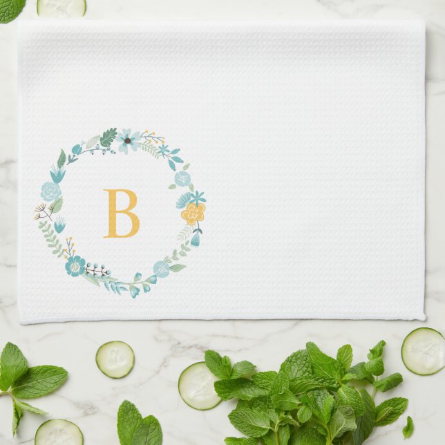 Linge De Cuisine Aqua et Yellow Monogramme Floral Wreath (Plié)