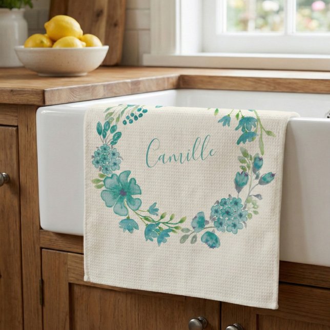 Linge De Cuisine Aqua Sea Green Floral Wreath Personnalisé (Créateur téléchargé)
