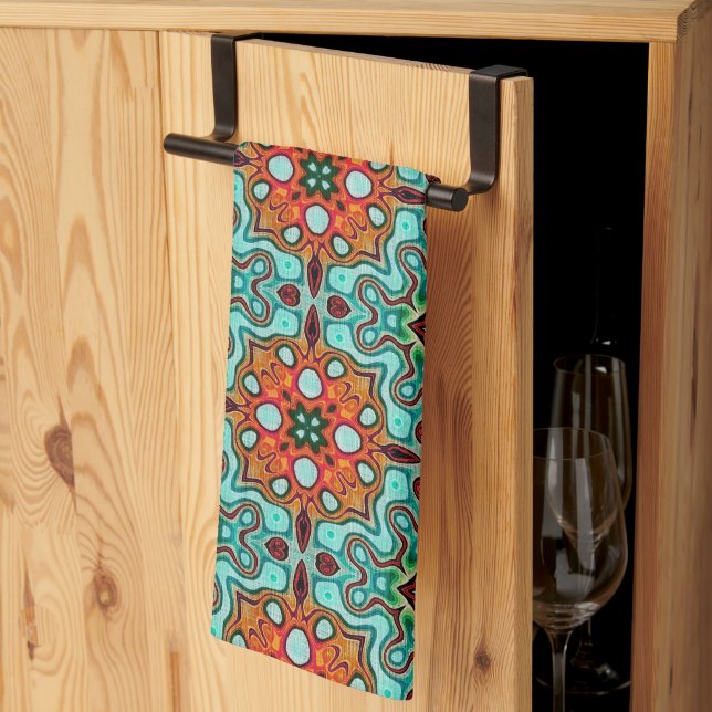 Linge De Cuisine Aqua Turquoise Bleu Orange Rouge Tribe Brown Art (Pliage en tiers)