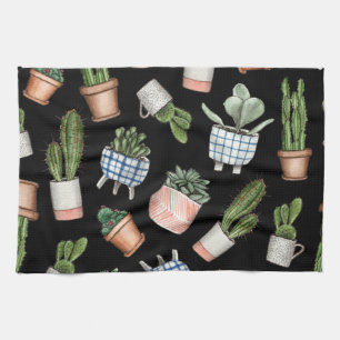 Linge De Cuisine Aquarelle Accueil Plante Noir sans couture