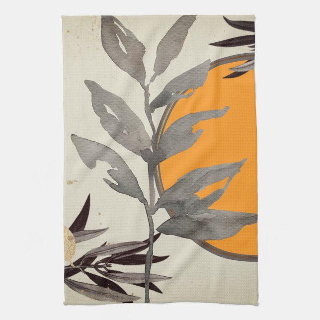 Linge De Cuisine Aquarelle artistique orange et gris Botanique (Vertical)