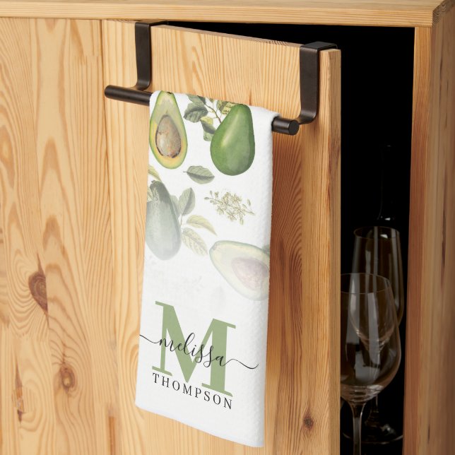 Linge De Cuisine Aquarelle Avocado Motif botanique Monogrammé (Pliage en tiers)
