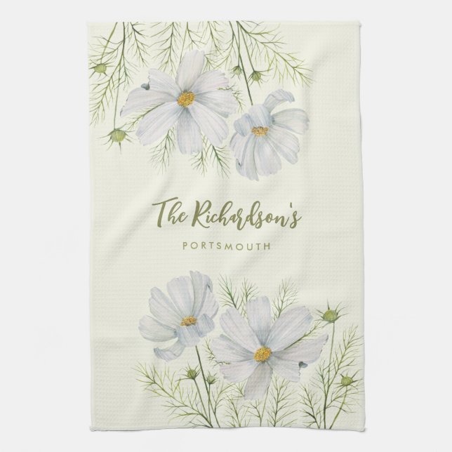 Linge De Cuisine Aquarelle Blanc Cosmos Fleurs Peinture Botanique (Vertical)