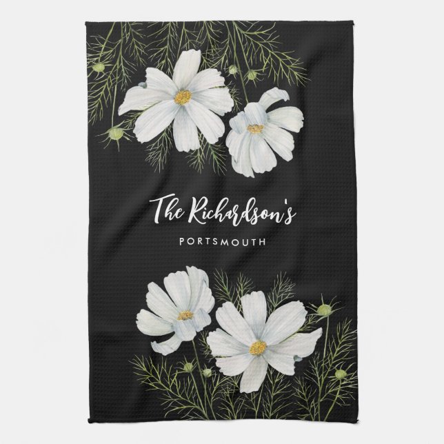 Linge De Cuisine Aquarelle Blanc Cosmos Fleurs Peinture Botanique (Vertical)