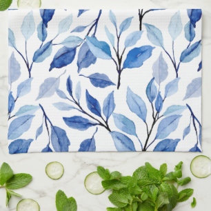 Linge De Cuisine Aquarelle Bleu Feuille Vagues Téale Mosaïque Beaux