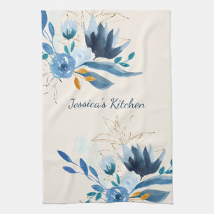 Linge De Cuisine Aquarelle bleu moderne Floral Personnalisé