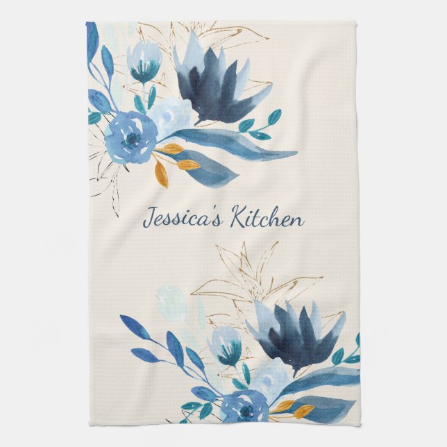 Linge De Cuisine Aquarelle bleu moderne Floral Personnalisé (Vertical)