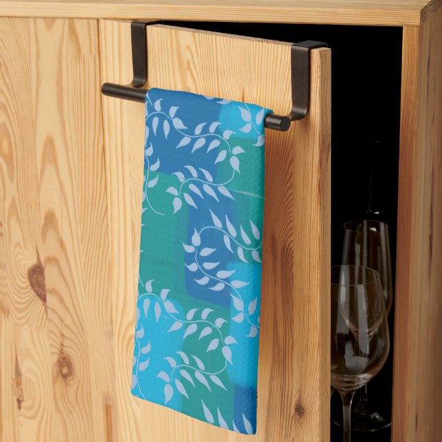 Linge De Cuisine Aquarelle bleu vert ivoire (Pliage en tiers)