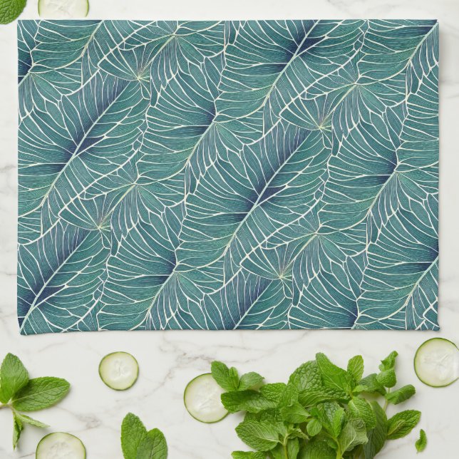 Linge De Cuisine Aquarelle Bleu Vert Turquoise Tropical Feuille Mot (Plié)