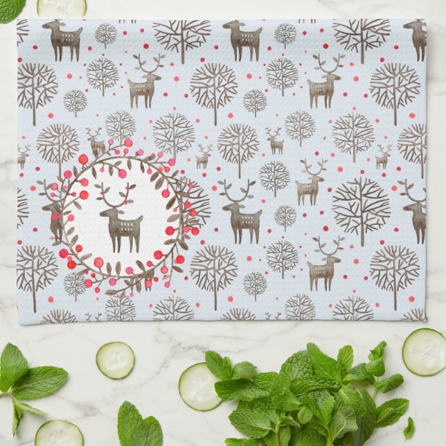 Linge De Cuisine Aquarelle Bois Reindeer Motif Pastel Blue (Plié)