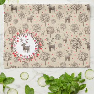 Linge De Cuisine Aquarelle Bois Reindeer Motif Terre Tone