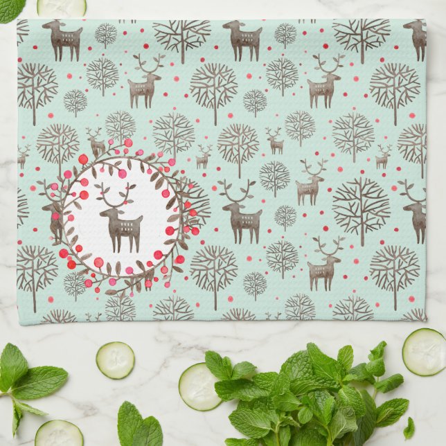 Linge De Cuisine Aquarelle Bois Reindeer Motif Vert mer (Plié)