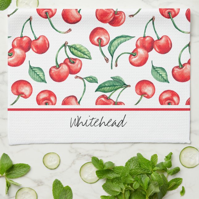 Linge De Cuisine Aquarelle Cherry Monogram (Plié)