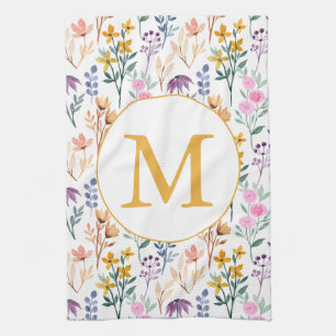Linge De Cuisine Aquarelle colorée Fleur de printemps Motif Monogra
