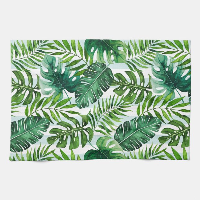 Linge De Cuisine Aquarelle contemporaine Feuilles tropicaux Vert (Horizontal)