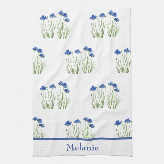 Linge De Cuisine Aquarelle Cornflowers Floral Blue Flowers Rustique (Vertical)