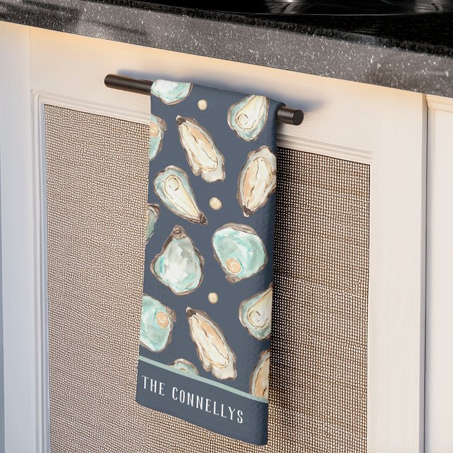 Linge De Cuisine Aquarelle côtière huître & perle Personnalisé (Créateur téléchargé)