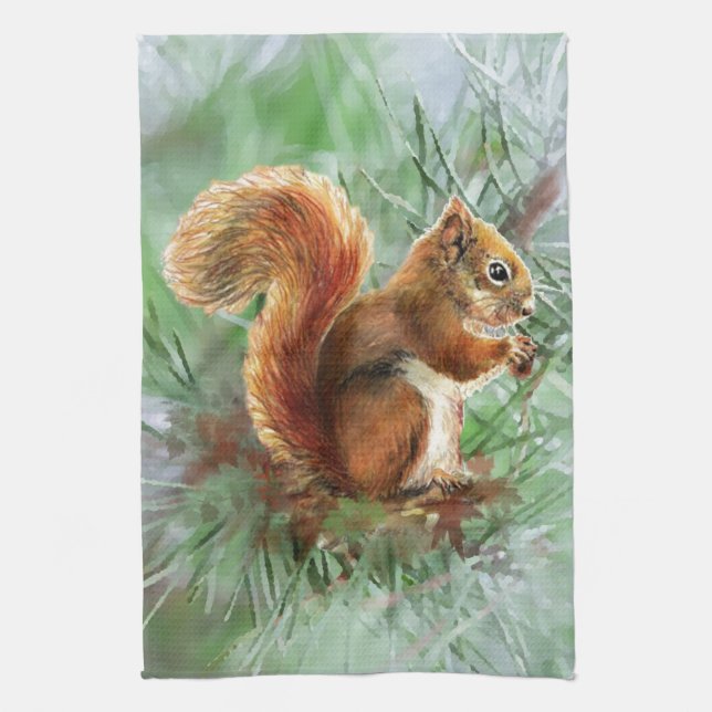 Linge De Cuisine Aquarelle Cute Écureuil Rouge Animal Nature Art (Vertical)