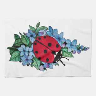 Linge De Cuisine Aquarelle Cute Ladybird Avec Fleurs Bleues Sauvage