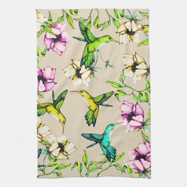 Linge De Cuisine Aquarelle de jardin enchantée Colibris et fleurs (Vertical)