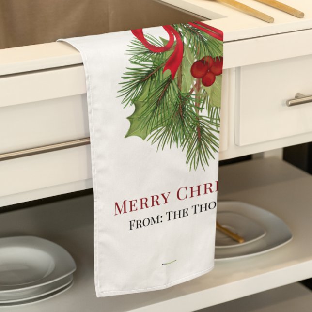 Linge De Cuisine Aquarelle de Noël Rouge Holly Berries Simple (Merry Christmas greenery and holly berries custom kitchen towel.)