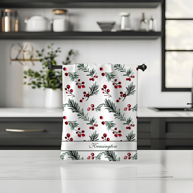 Linge De Cuisine Aquarelle de Noël rustique Botanique Votre nom (Rustic Christmas Watercolor Botanical Your Name Kitchen Towel)