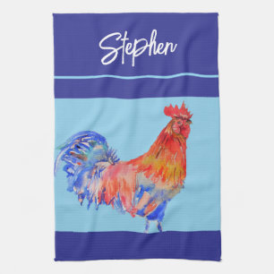 Linge De Cuisine Aquarelle de poulet de coq Mens bleu marine
