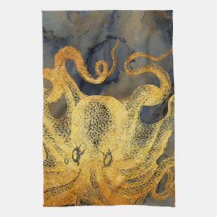 Linge De Cuisine Aquarelle d'encre noire de pieuvre Vintage marine