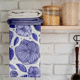 Linge De Cuisine Aquarelle et fleurs d'encre - palette bleue