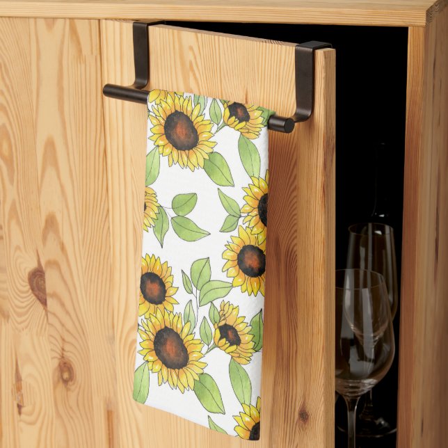 Linge De Cuisine Aquarelle et stylo Motif de tournesols (Pliage en tiers)