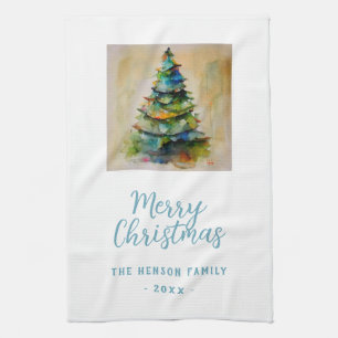 Linge De Cuisine Aquarelle festive Joyeux Arbre de Noël Artistique