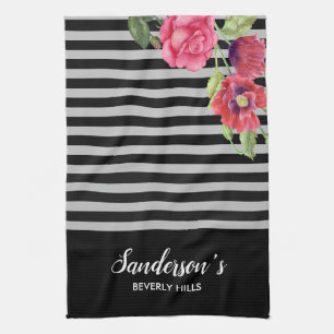 Linge De Cuisine Aquarelle Fleurs rouges et roses Gris noir