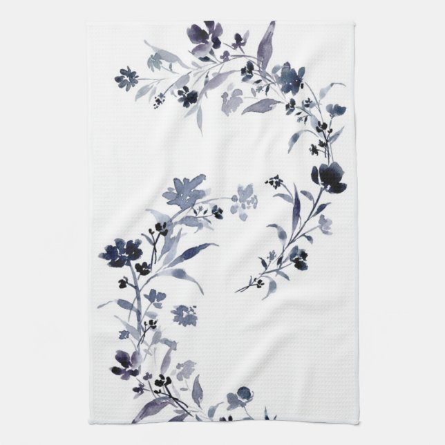 Linge De Cuisine Aquarelle florale bleu marine (Vertical)