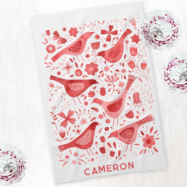 Linge De Cuisine Aquarelle florale Fleur sauvage et ornithologique  (Red and white personalized custom name watercolor bird and wild flower art kitchen tea towel)