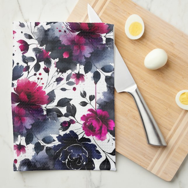 Linge De Cuisine Aquarelle florale magenta rose et bleu épais (Quart Plié)