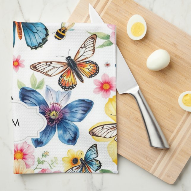 Linge De Cuisine Aquarelle florale motif botanique monogrammé (Quart Plié)