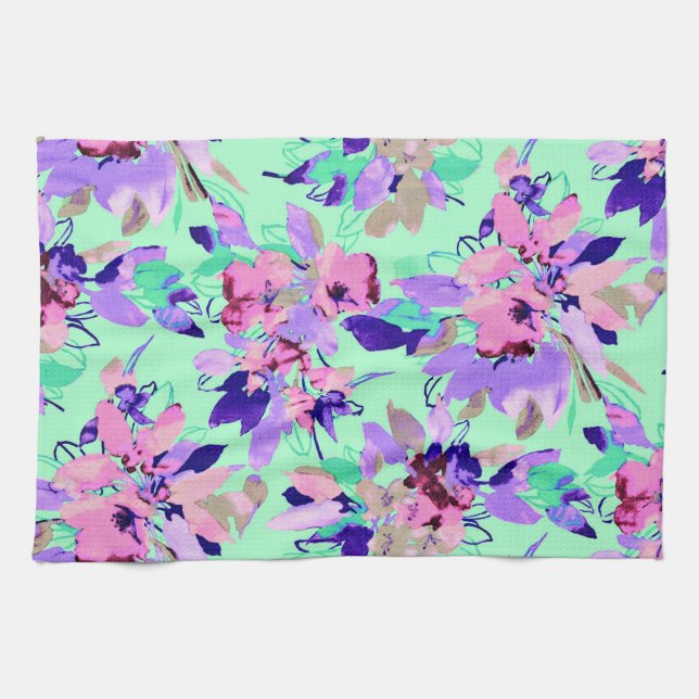 Linge De Cuisine Aquarelle florale motif rose violet turquoise (Horizontal)