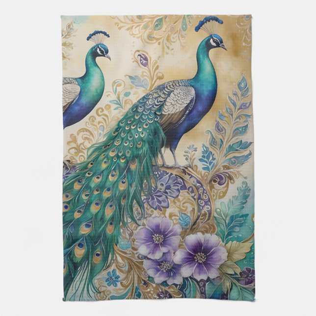 Linge De Cuisine Aquarelle florale Paisley Peacock (Vertical)