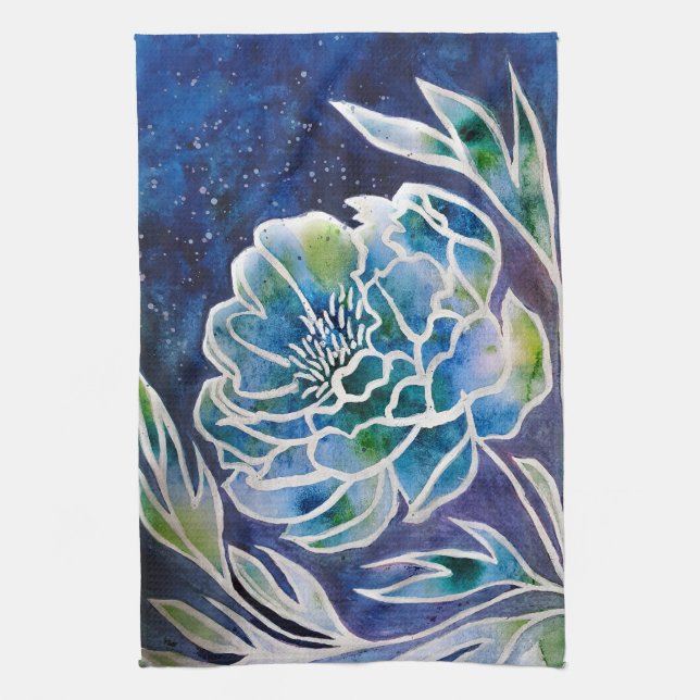 Linge De Cuisine Aquarelle florale Turquoise bleu Dahlia Navy (Vertical)