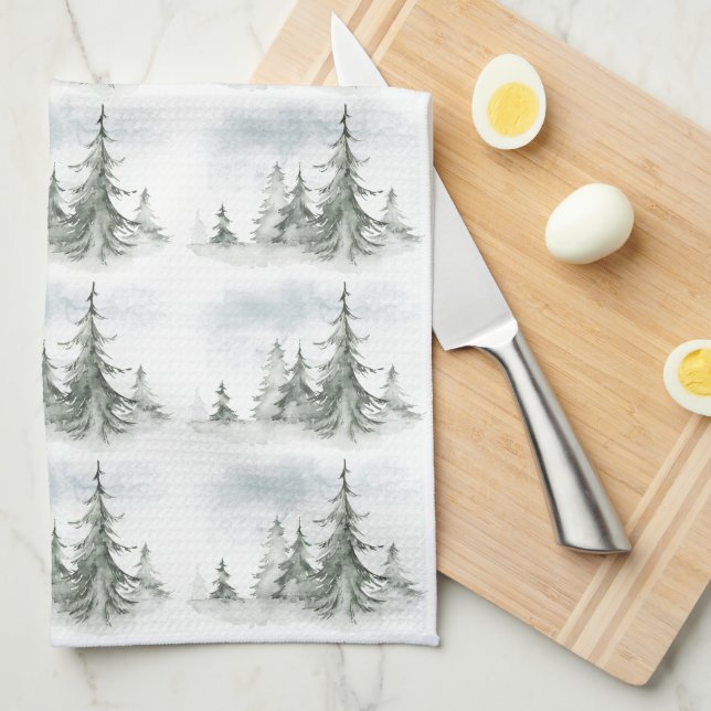 Linge De Cuisine Aquarelle Forêt de sapins rustiques hiver (Quart Plié)
