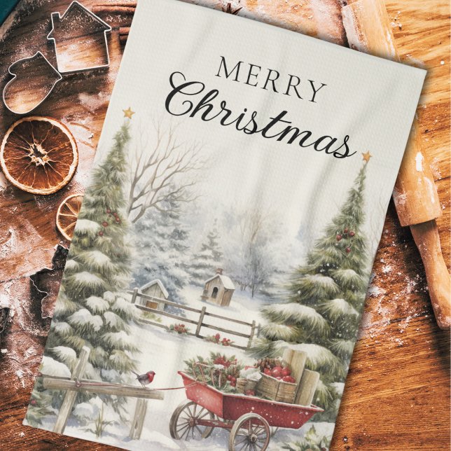 Linge De Cuisine Aquarelle Forêt d'hiver Joyeux Noël (Créateur téléchargé)