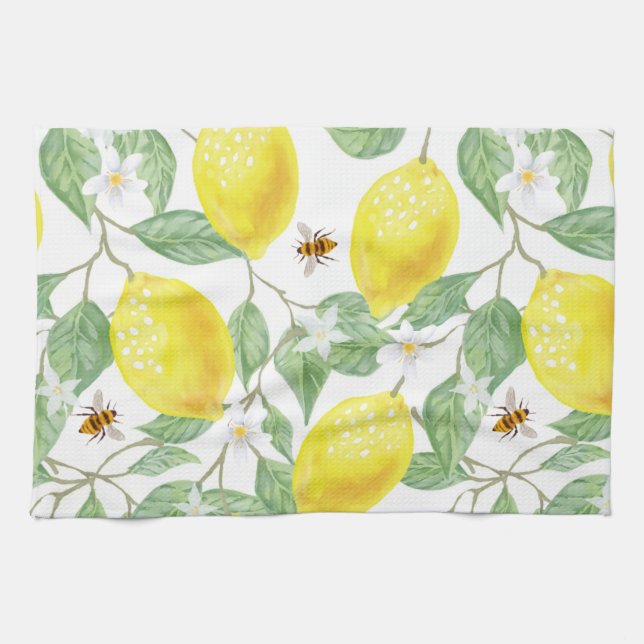 Linge De Cuisine Aquarelle Fruit citron, Fleur de citron et abeille (Horizontal)